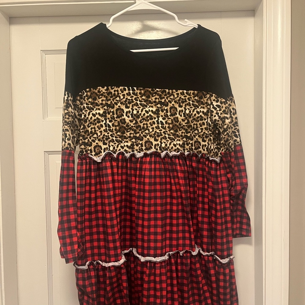 Black and Red Plaid Leopard Print Dress